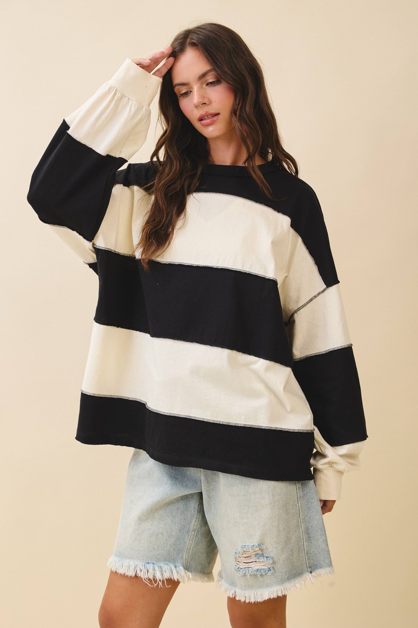 Rugby Long Sleeve Slouchy Top- Black/Butter