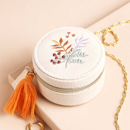 Embroidered Leaves Mini Round Linen Travel Jewellery Case