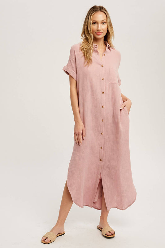 Button-up Maxi Shirt Dress - Dusty Pink