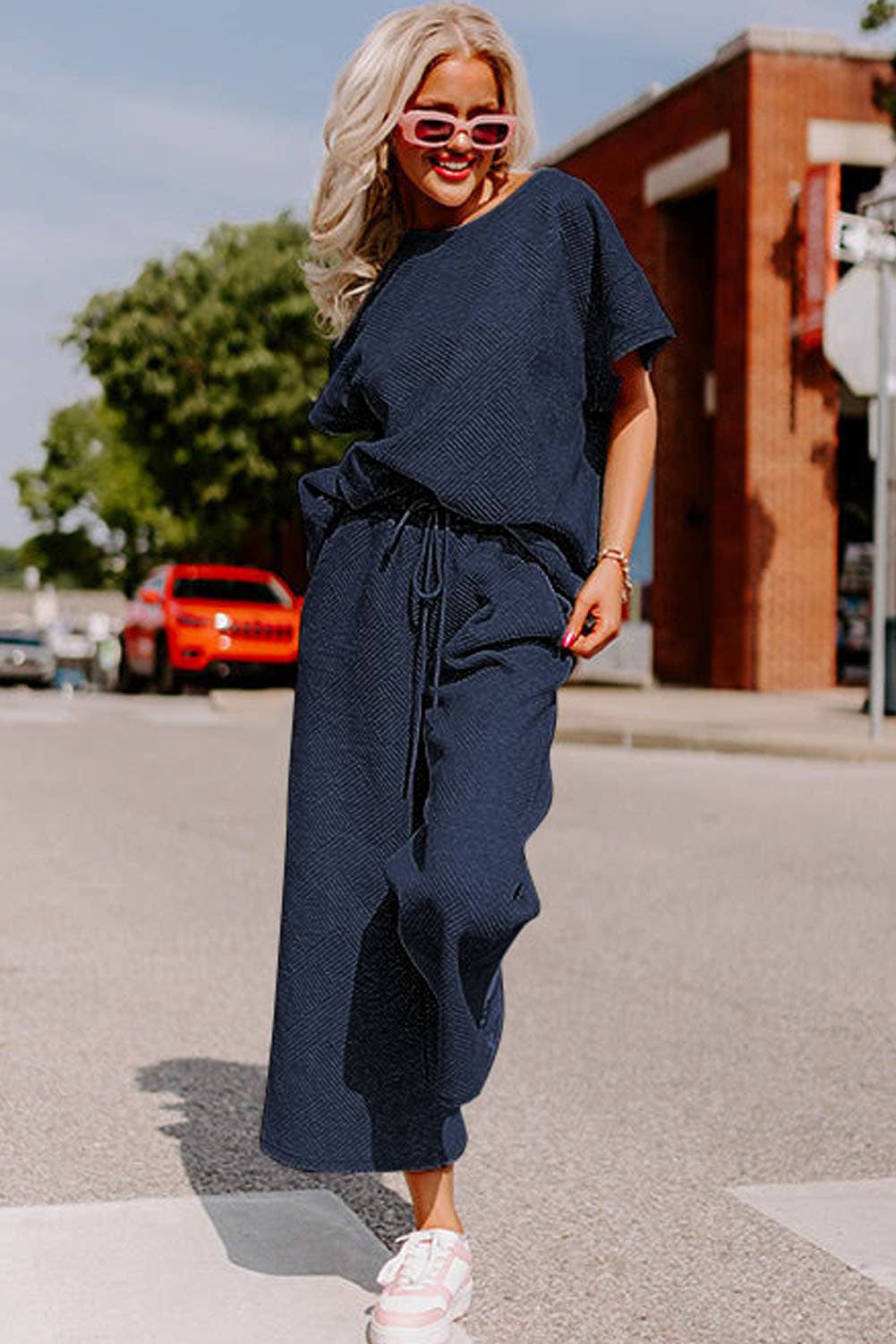 Textured Loose Fit Shirt and Drawstring Pants Set