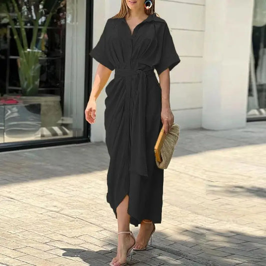 Lapel single-breasted high-waisted shirt dress