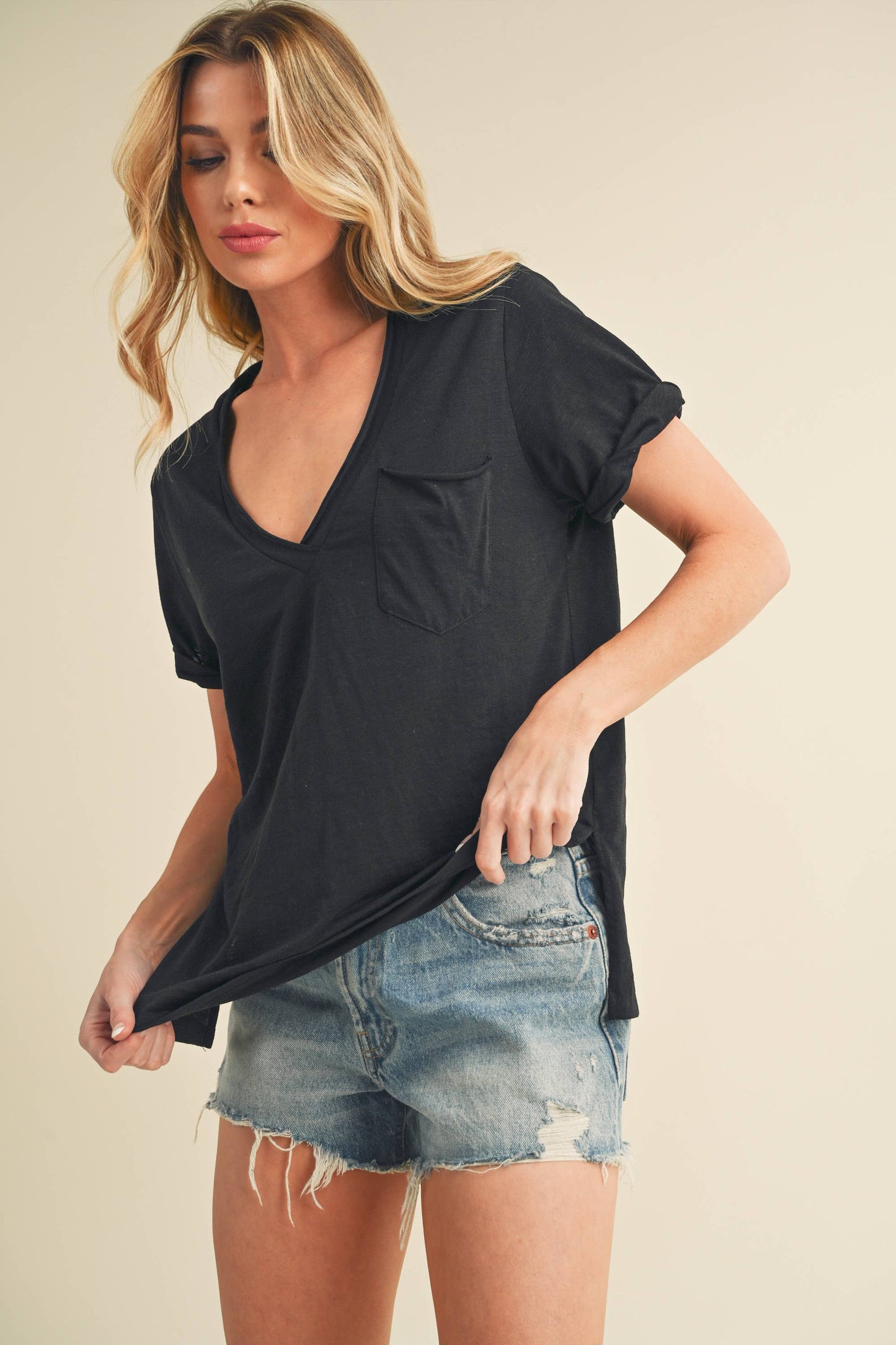 V-Neck Short Sleeve Top - Navy