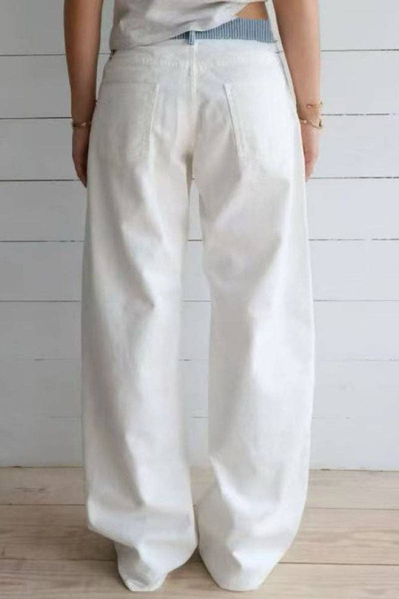 Striped Waistband Wide-Leg Casual Pants - Black