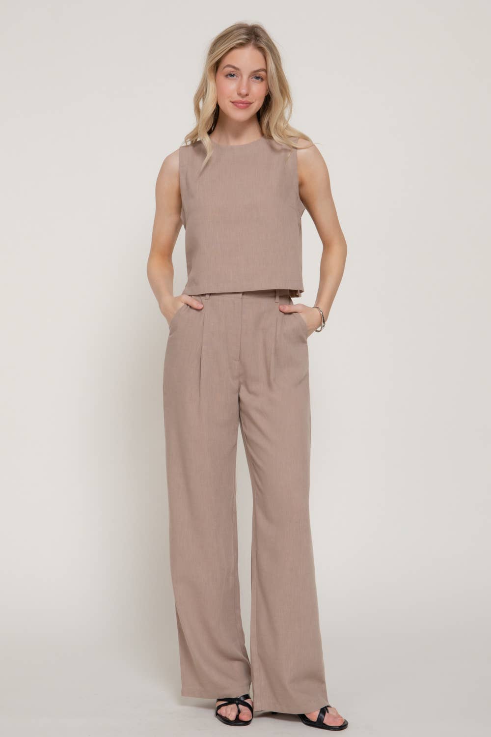 Sleeveless Crew Neck Top & Straight Linen Effect Pants Set