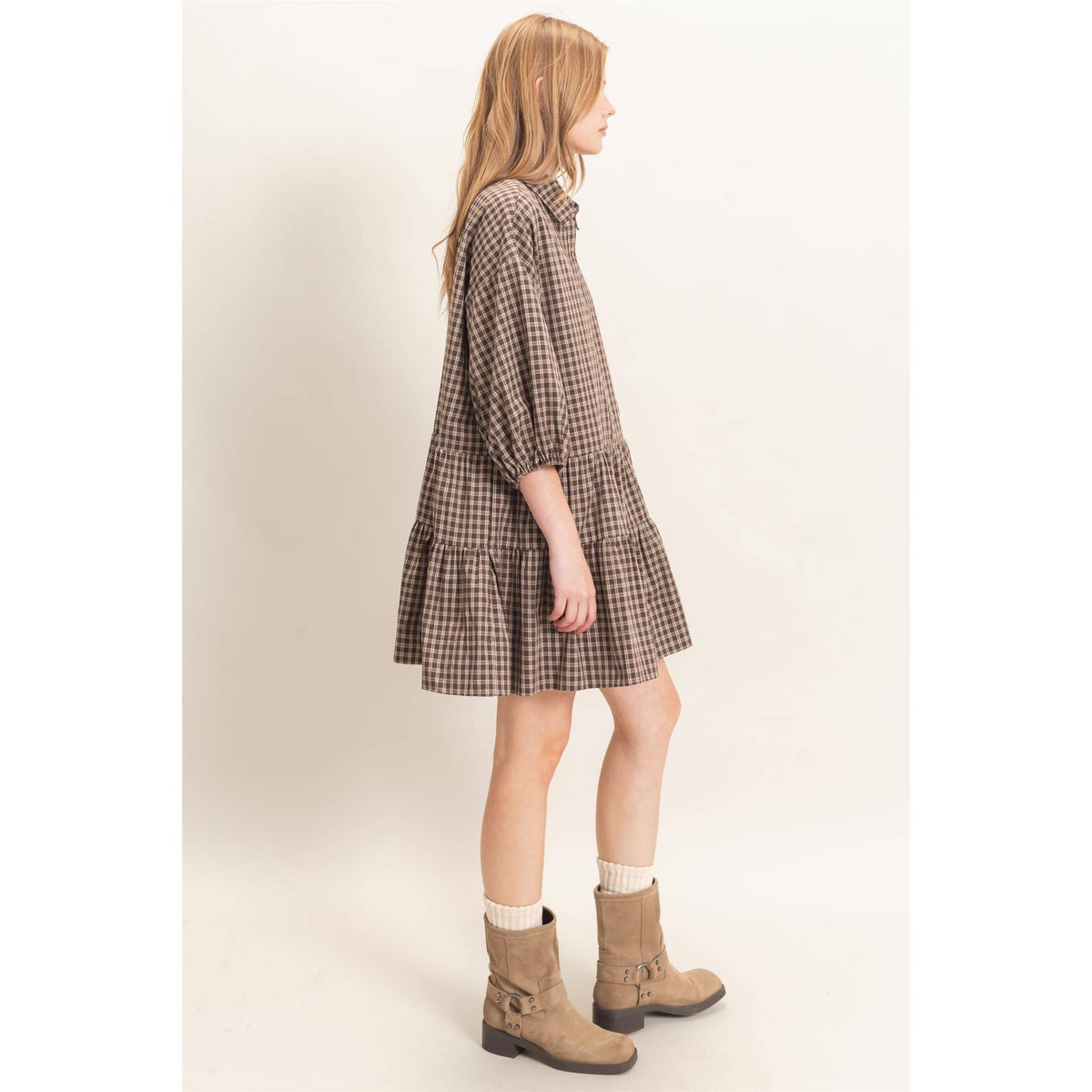 Plaid Button-Down Tiered Dress