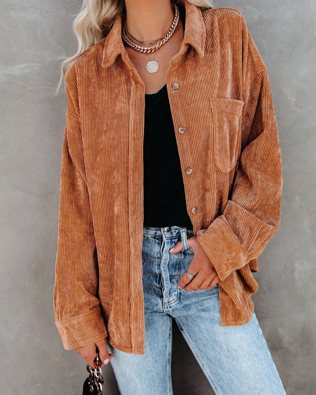 Corduroy Oversized Shacket- Caramel