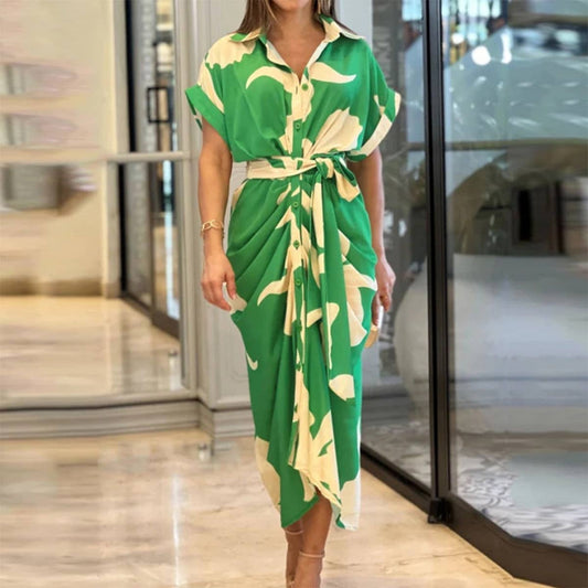 Lapel single-breasted high-waisted shirt dress