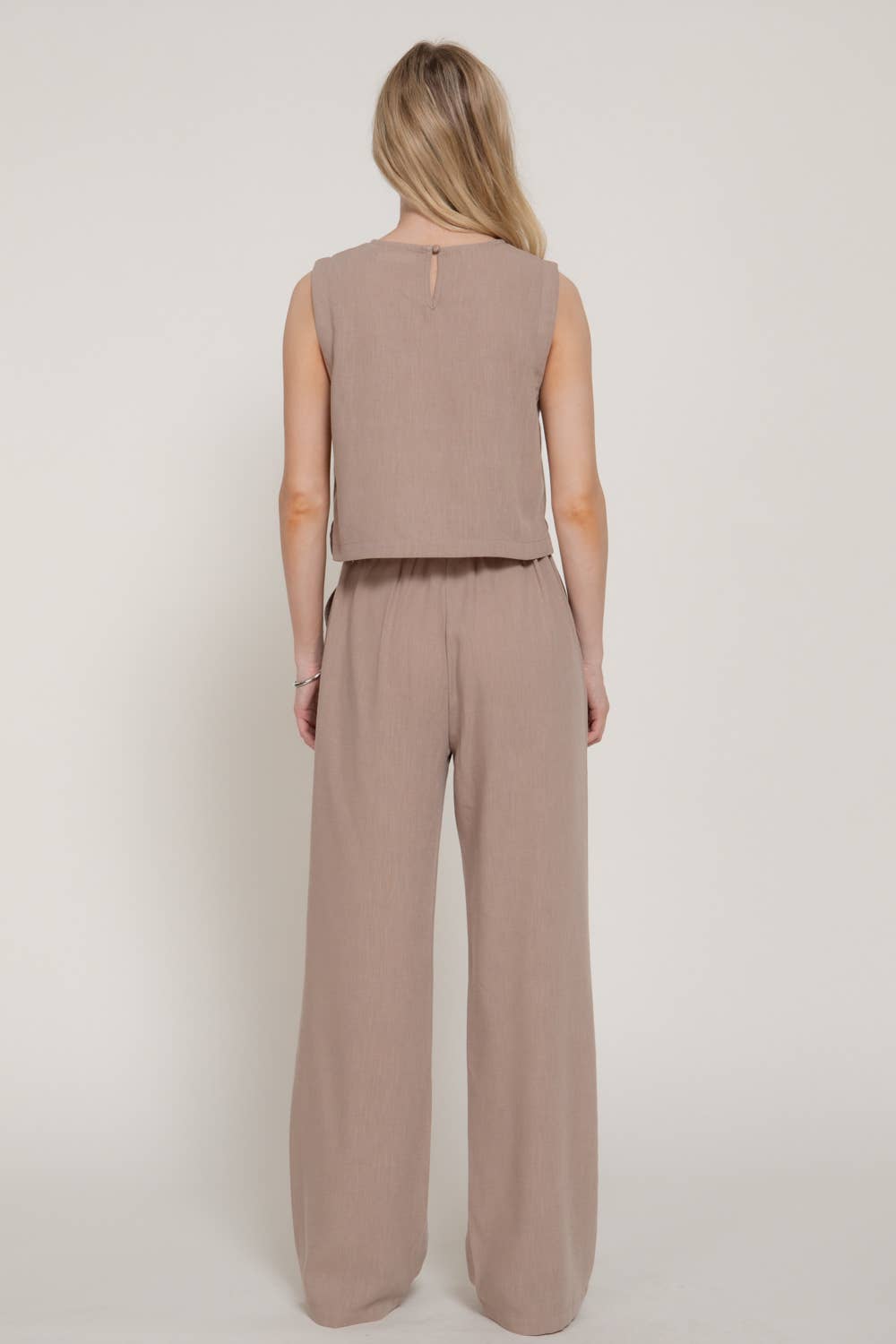 Sleeveless Crew Neck Top & Straight Linen Effect Pants Set