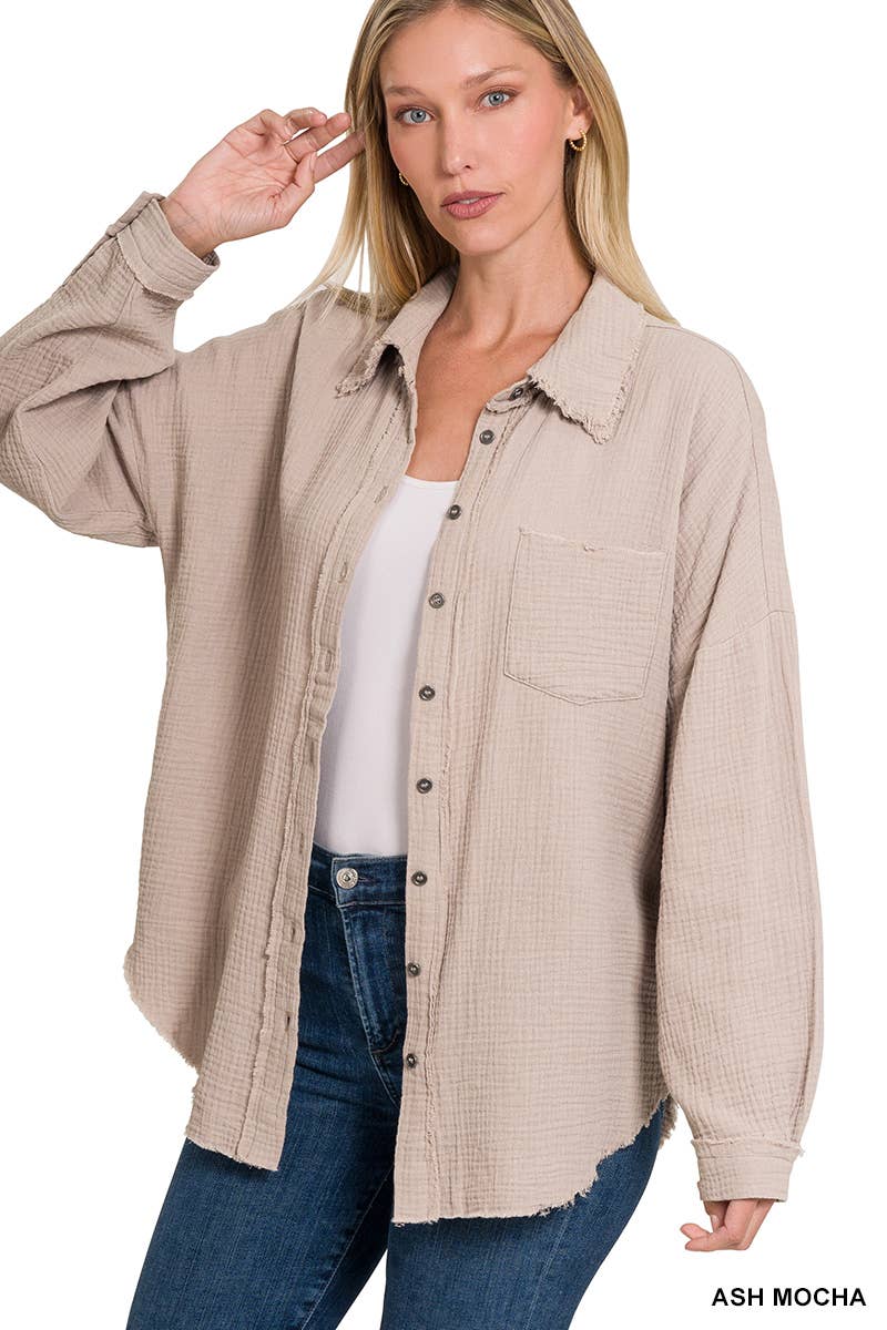 Oversized Raw Edge Shirt W/ Back Patch - Ash Mocha