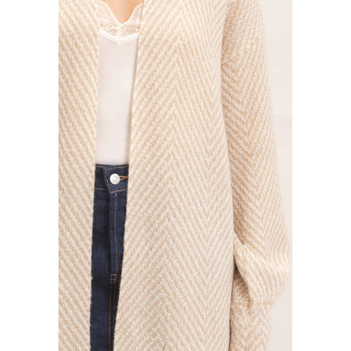 Herringbone Open-Front Cardigan - Taupe