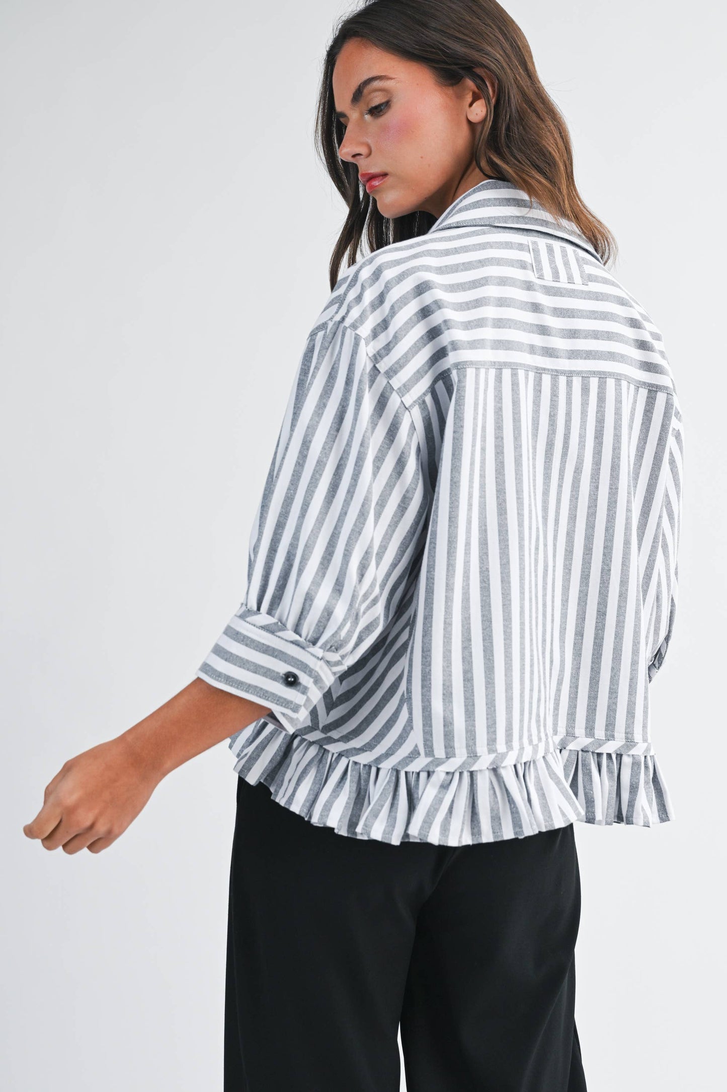 Striped Ruffle Hem Button Down