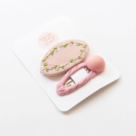 Oval Embroidered Floral Snap Hair Clips | Light Pink