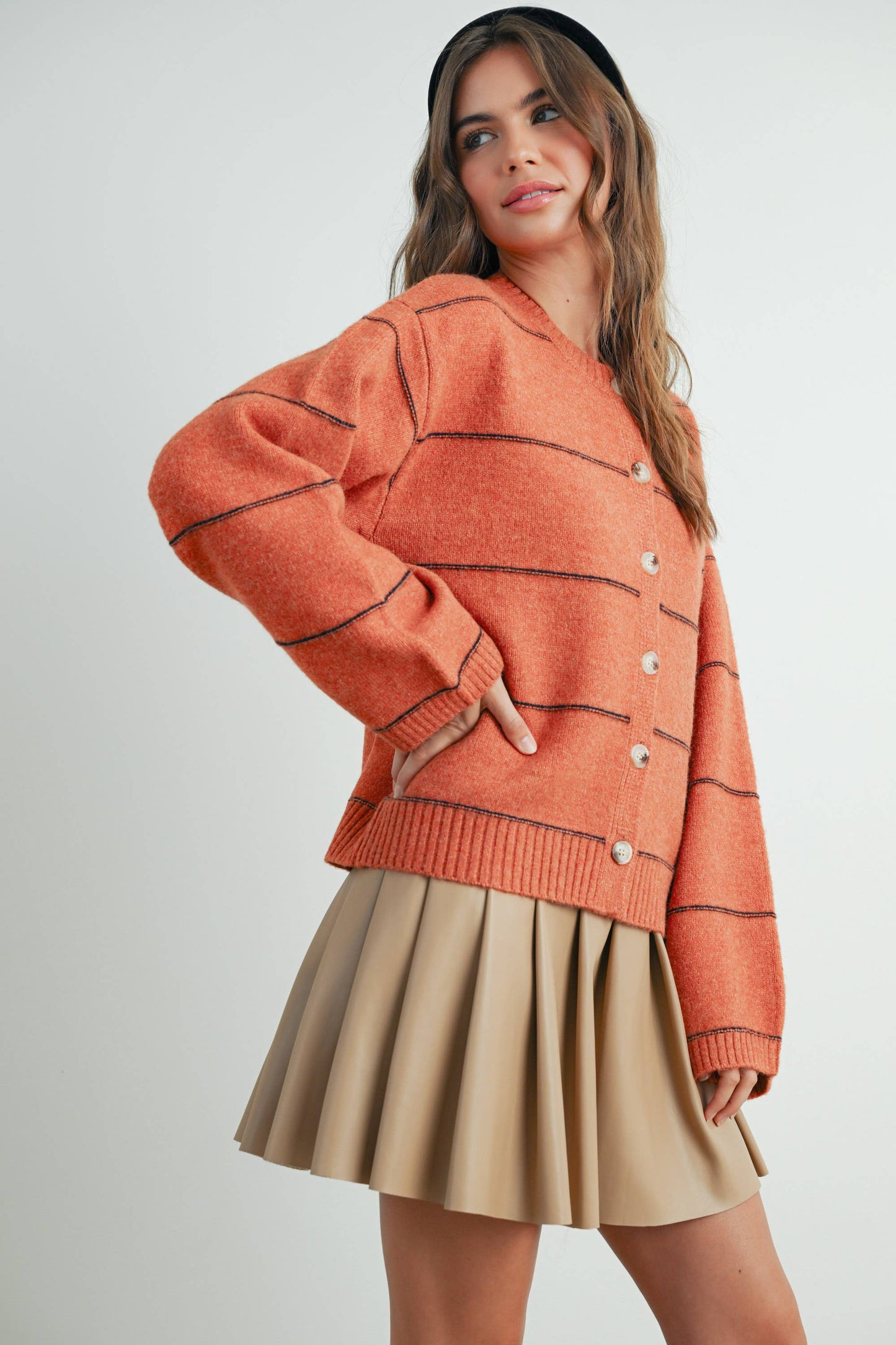 Button Front Striped Cardigan - Rust