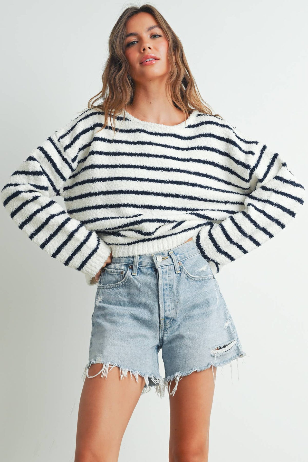 Basic Striped Knit Sweater - Navy/Cream