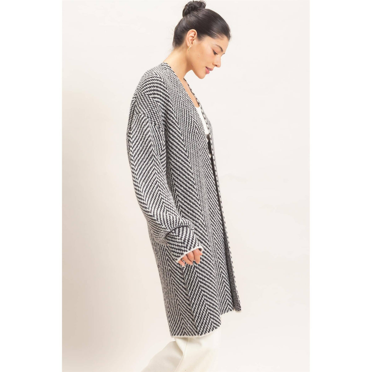 Herringbone Open-Front Cardigan - Black