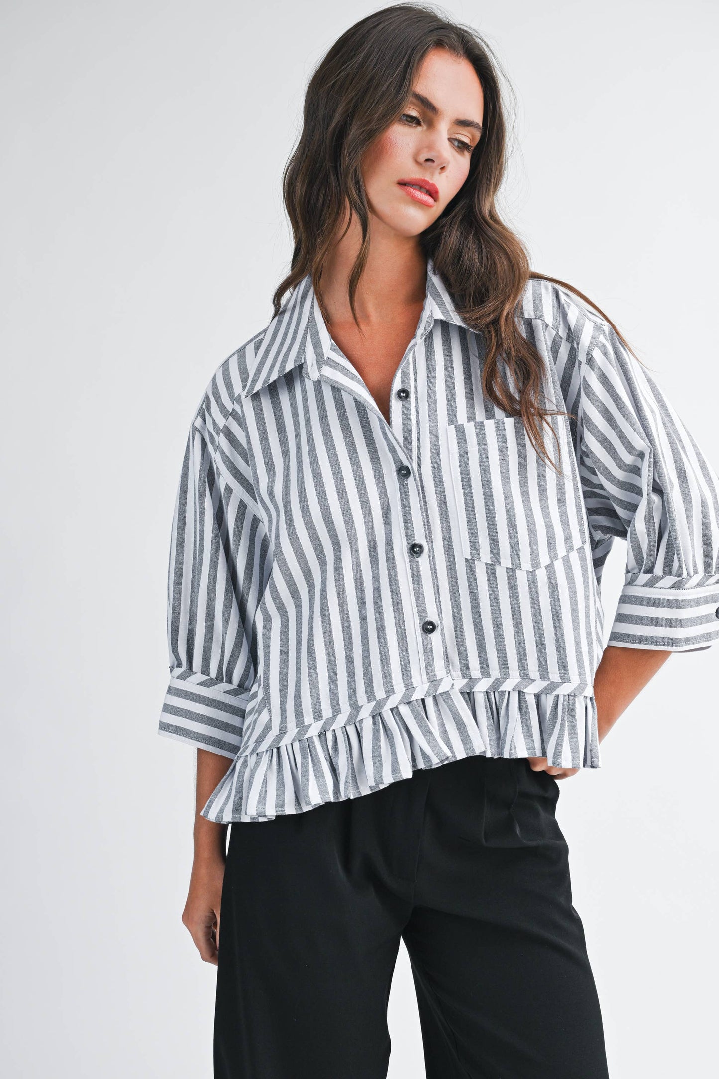 Striped Ruffle Hem Button Down