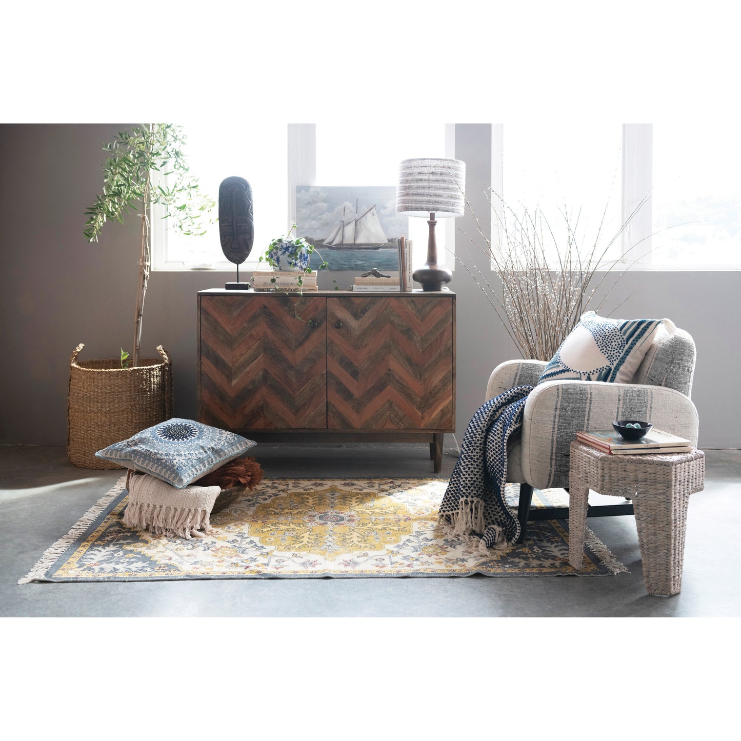 Woven Cotton Distressed Print Rug with Fringe
