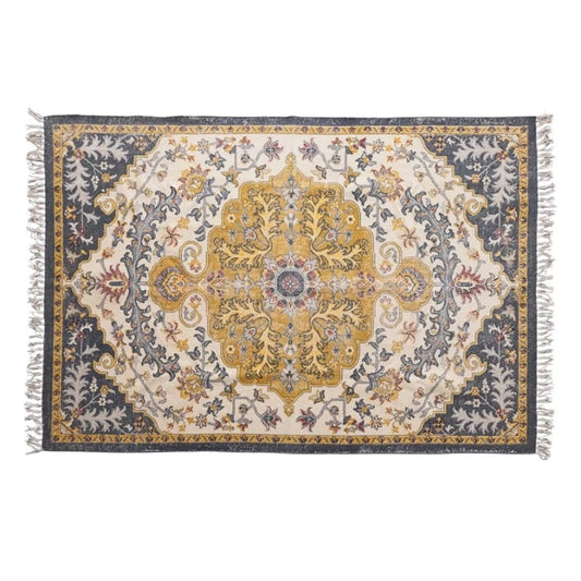 Woven Cotton Distressed Print Rug with Fringe