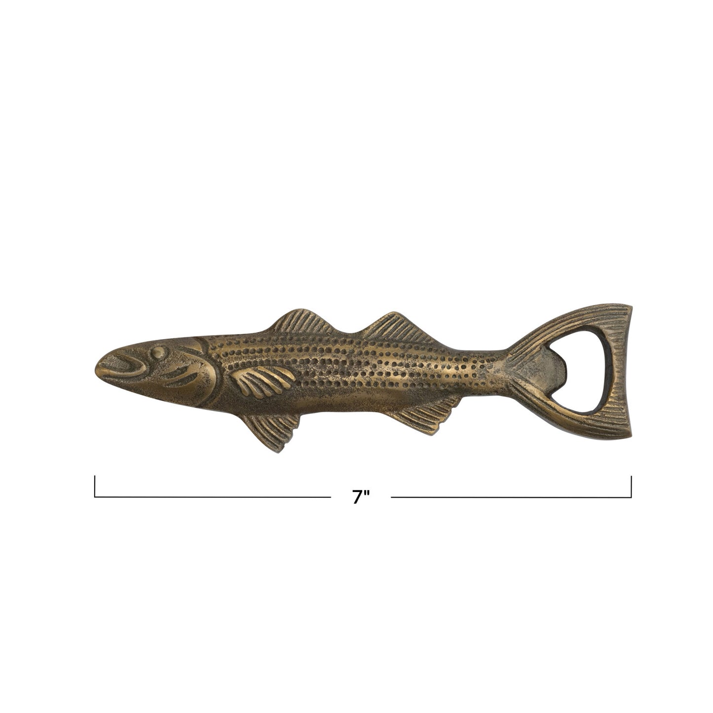 Cast Aluminum Fish Shaped Bottle Opener, Antique Gold Finish