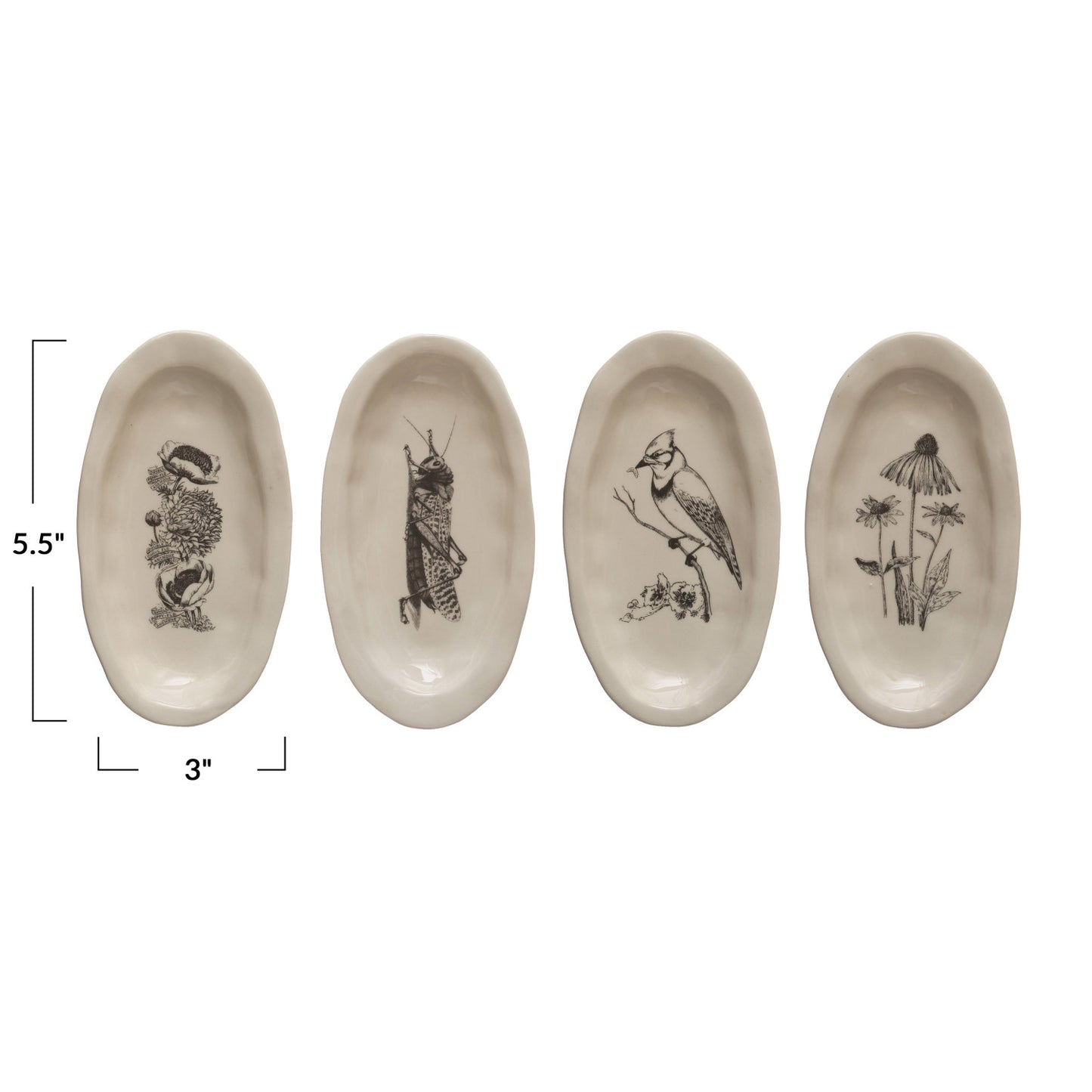 Stoneware Organic Shaped Plate w/ Flora/Fauna Image, 4 Styles