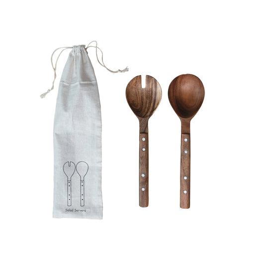 Mango Wood Salad Servers w/ Aluminum Studs, Set of 2 in Drawstring Bag