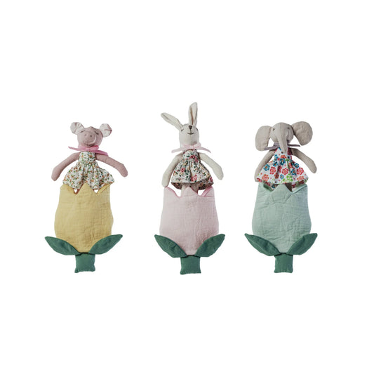 Plush Animal w/ Flower Shaped Pocket - 3 Styles