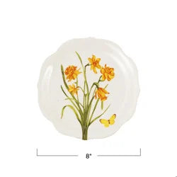 8" Round Stoneware Scalloped Plate w/ Flowers, White & Multi Color, 4 Styles