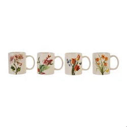 10 oz. Stoneware Mug with Flowers, White, 4 Styles