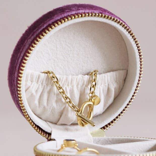 Mauve Pink Velvet Round Mini Travel Jewelry Case