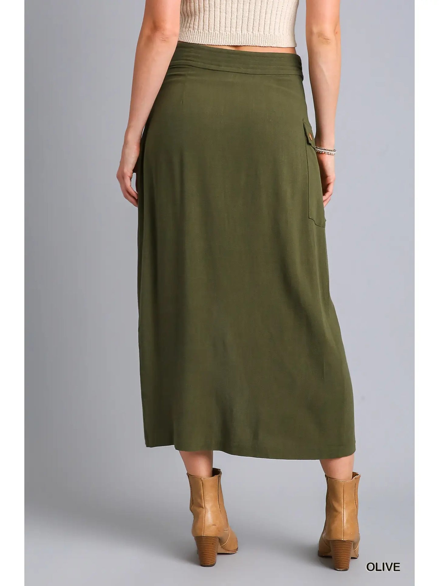 Linen Blend Cargo Wrap Skirt - Olive