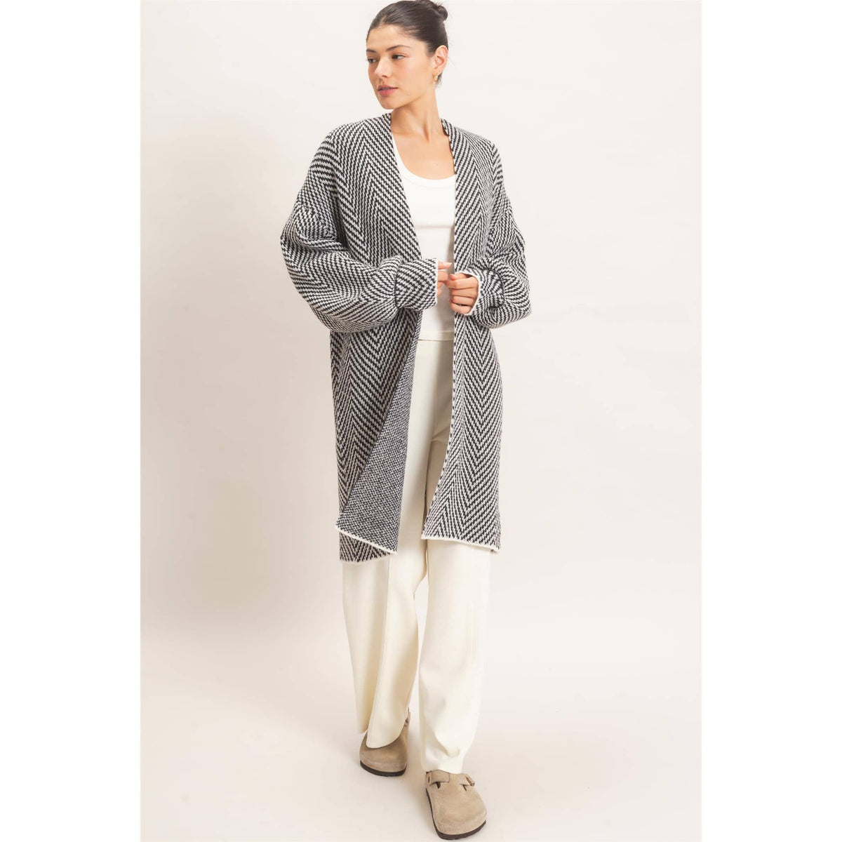 Herringbone Open-Front Cardigan - Black
