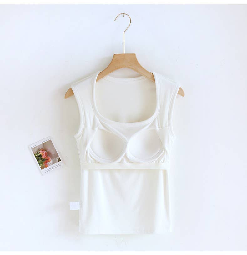Cotton Blend Built-In Bra Tank Top  - White