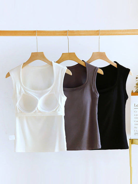 Cotton Blend Built-In Bra Tank Top  - White