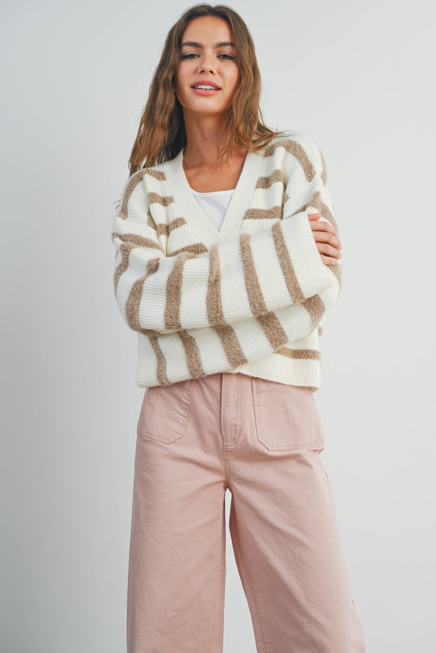 Striped  Cardigan - Ivory/Taupe