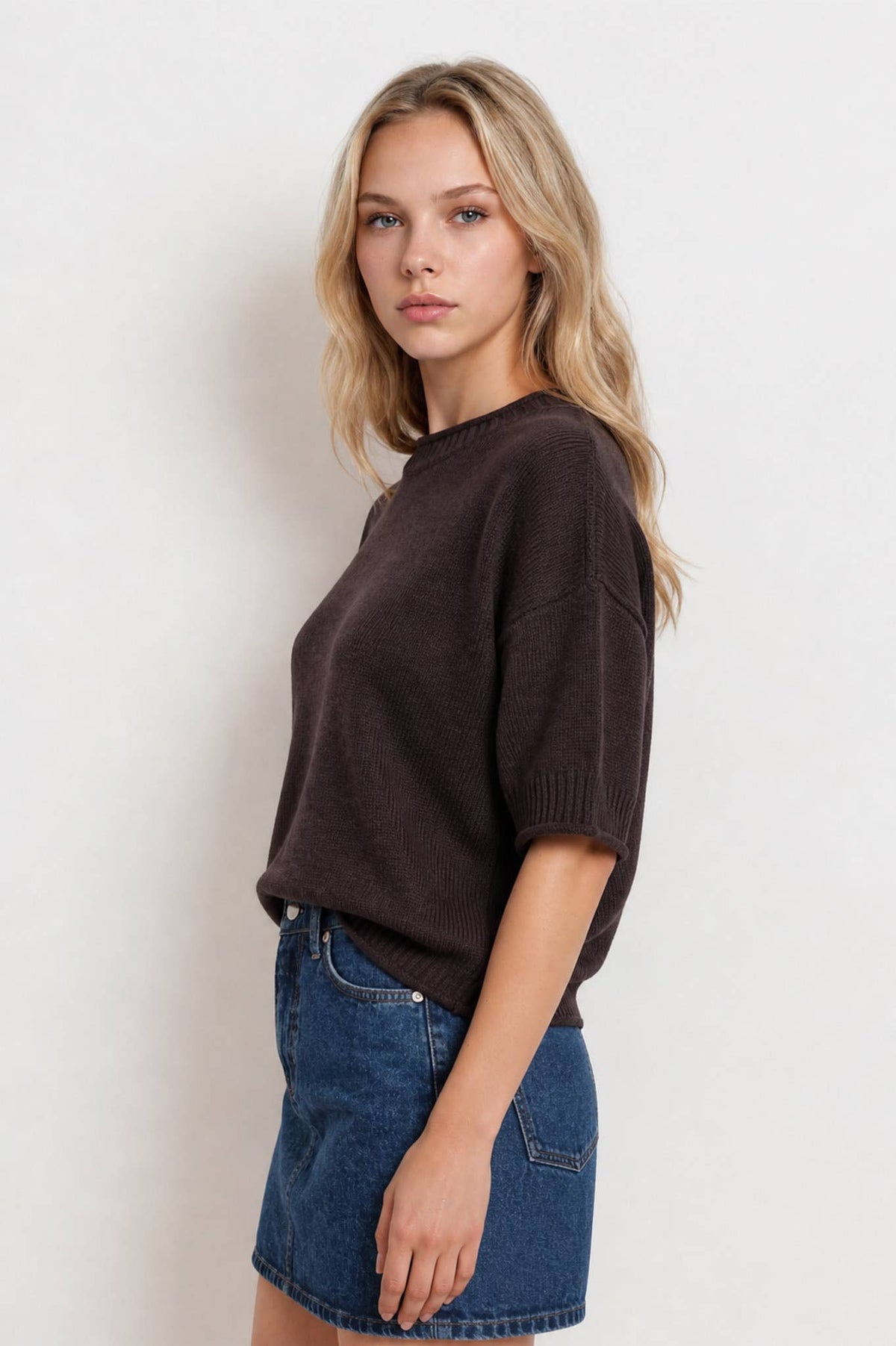 Short Sleeve Sweater w/drop sleeve - Brown
