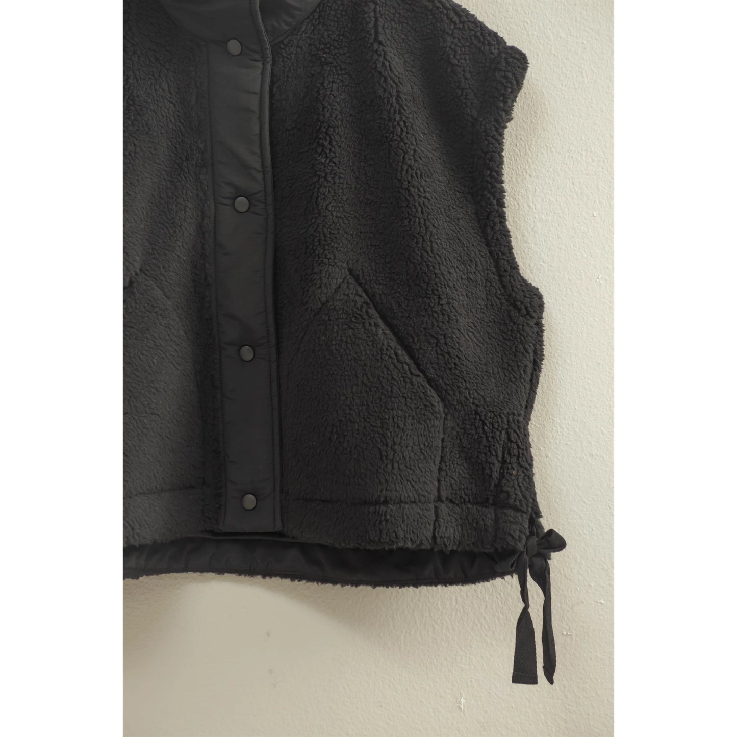 Cozy Sherpa Vest Jacket with Tie-Up Side Details - Black