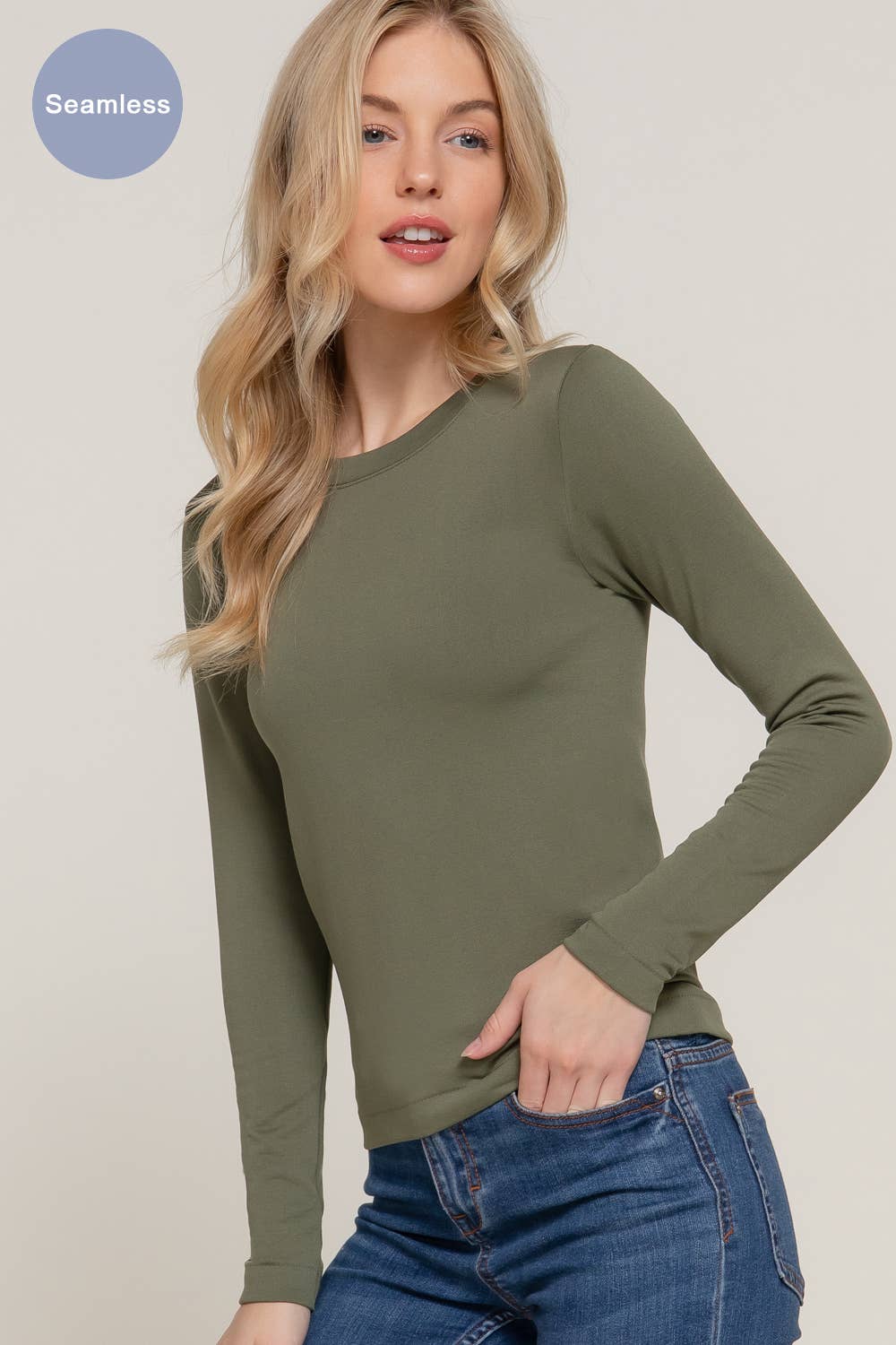 Long Sleeve Crew Neck Inner Fur Seamless Top - Olive