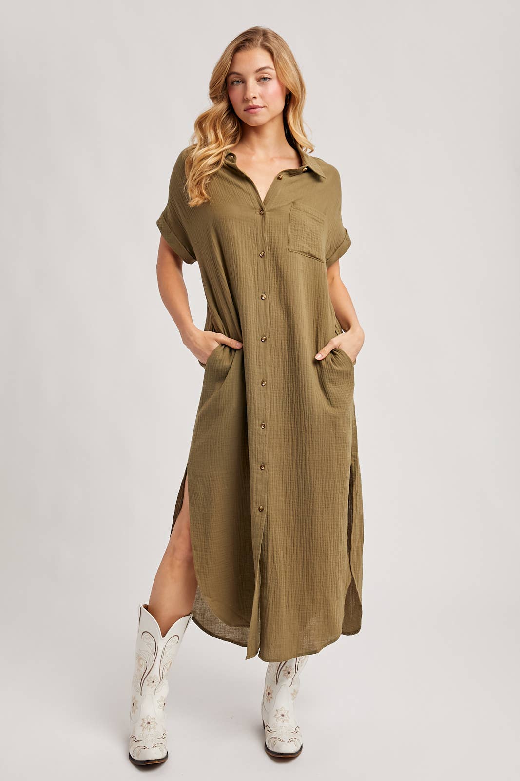 Button-up Maxi Shirt Dress - Lt Olive