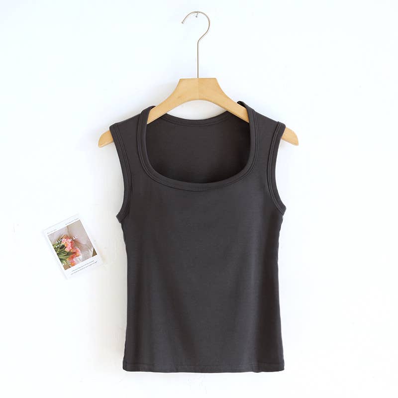 Cotton Blend Built-In Bra Tank Top  - Charcoal