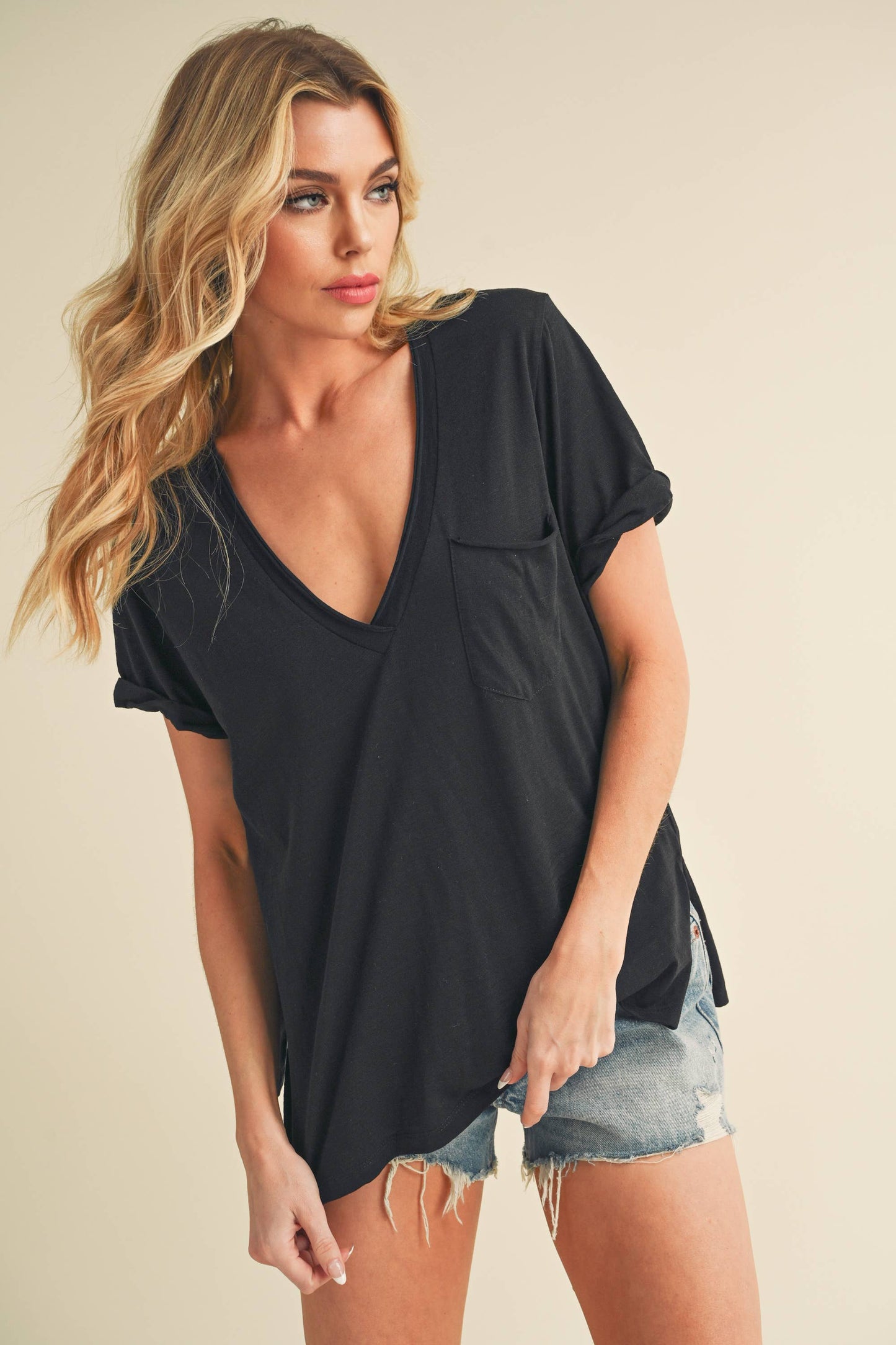 V-Neck Short Sleeve Top - Navy