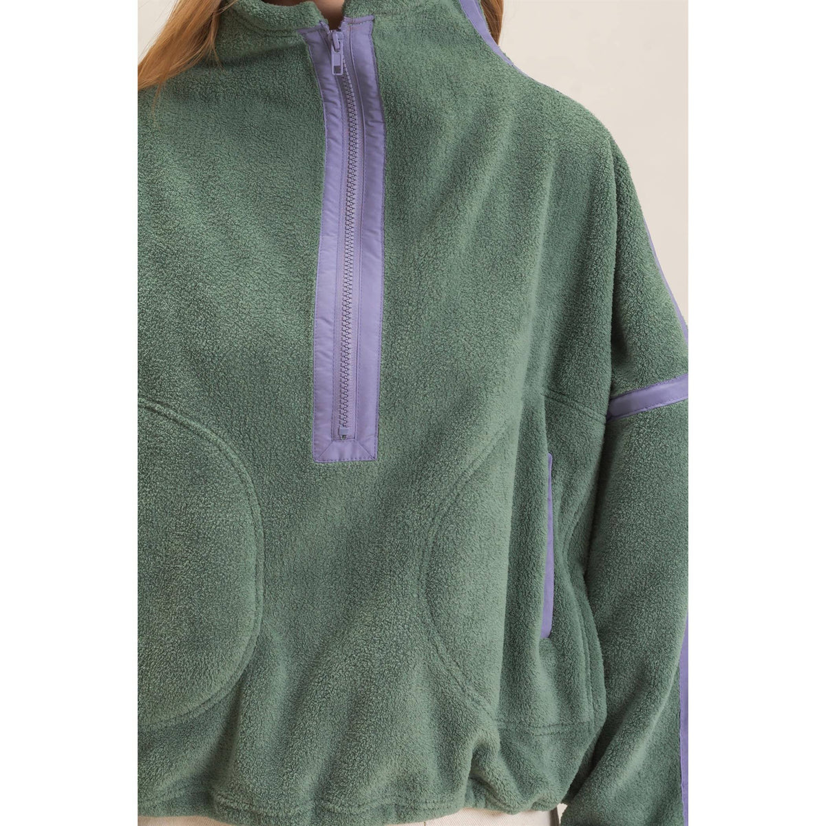 Contrast Trim Half-Zip Fleece Pullover -Pistachio