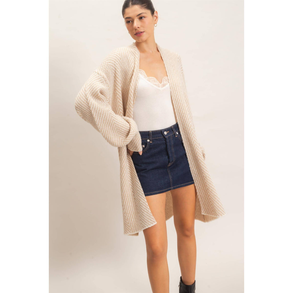 Herringbone Open-Front Cardigan - Taupe