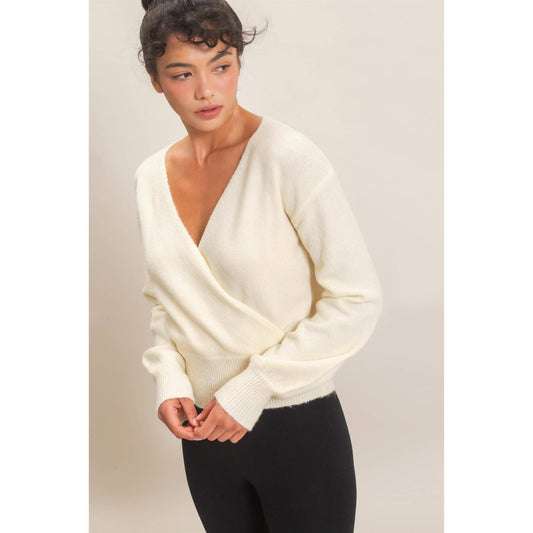 Wrap V Neck Sweater - cream