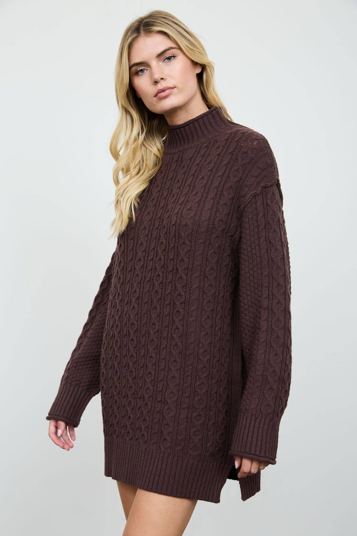 Cable Knit Sweater Dress - chocolate brown