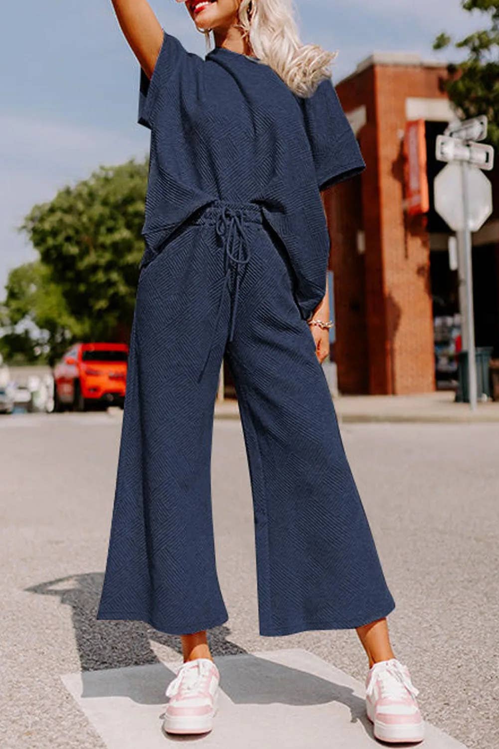 Textured Loose Fit Shirt and Drawstring Pants Set