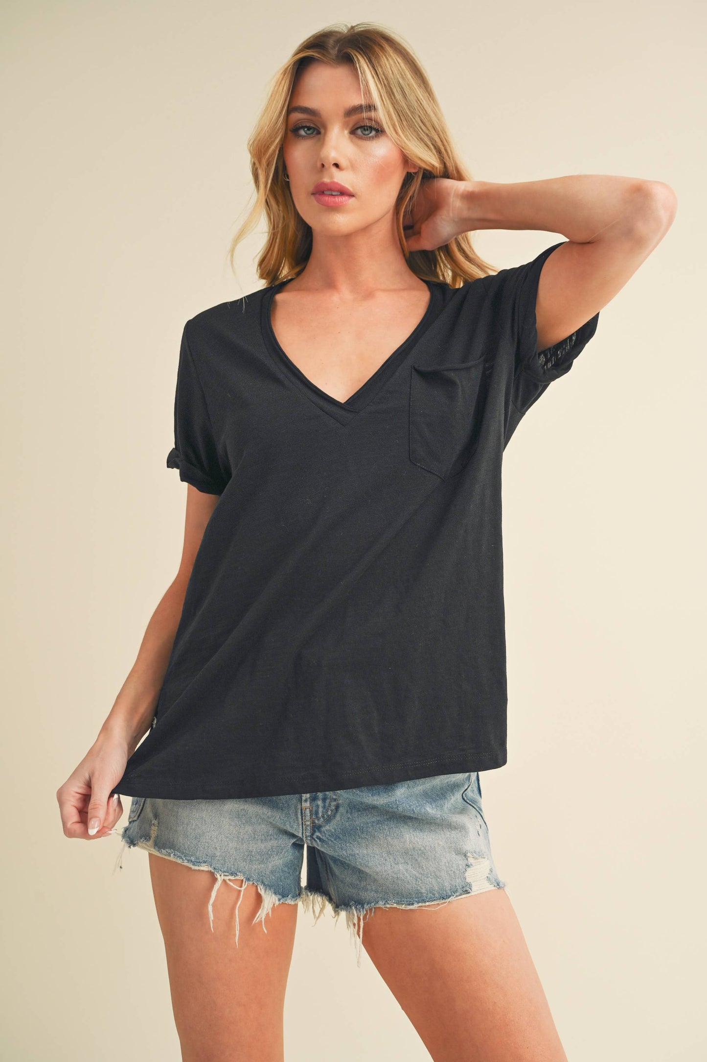V-Neck Short Sleeve Top - Navy