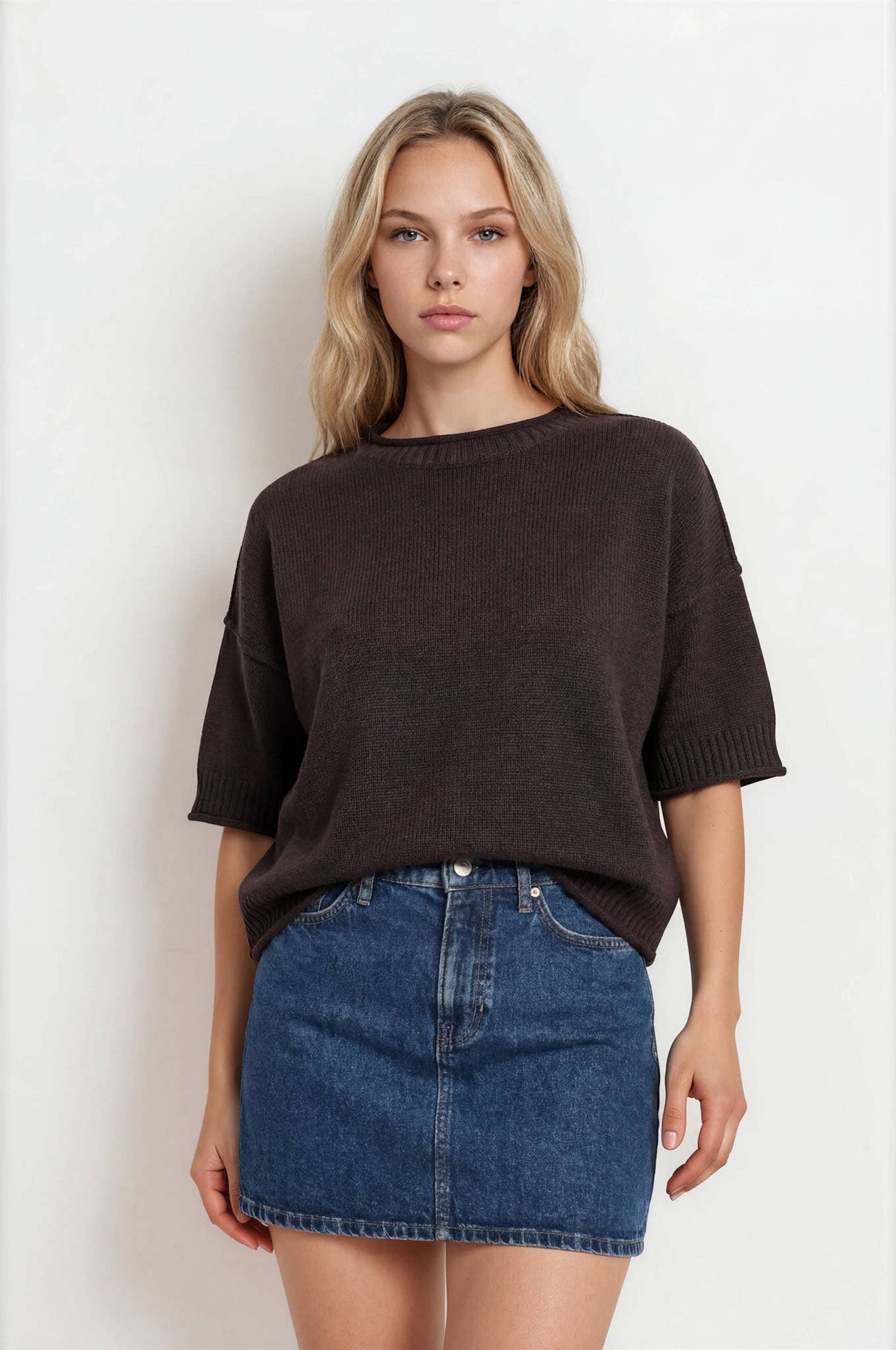 Short Sleeve Sweater w/drop sleeve - Brown