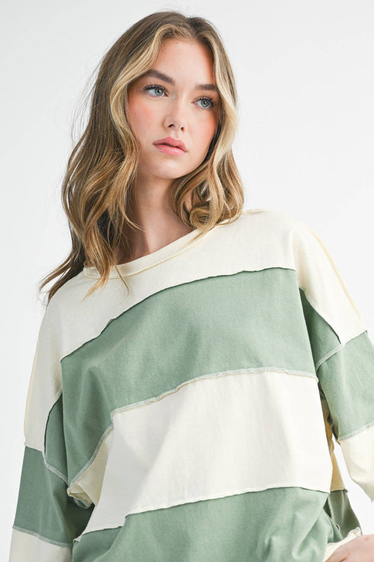 Rugby Long Sleeve Slouchy Top- Sage/Butter