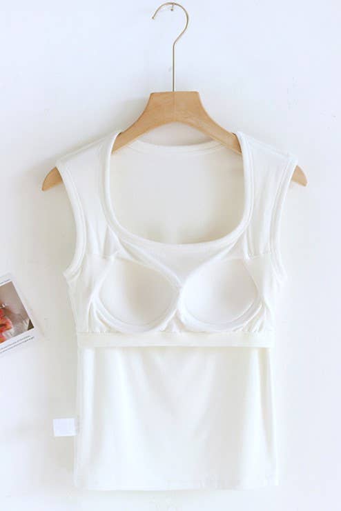 Cotton Blend Built-In Bra Tank Top  - Charcoal