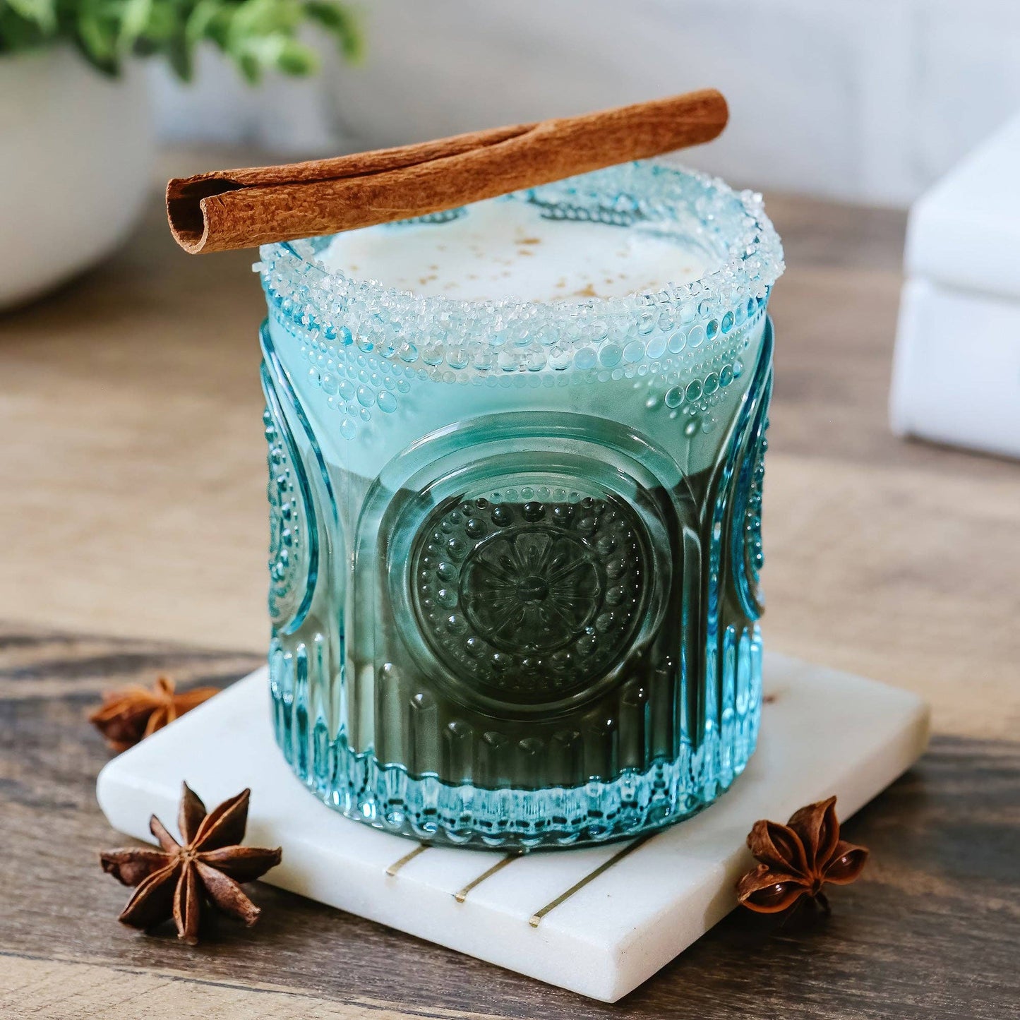 10 oz. Ribbed Retro Arch Floral Aqua Blue Drinking Glasses